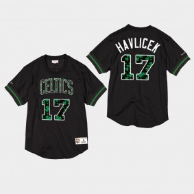 Men's Boston Celtics John Havlicek Hardwood Classics Mesh Crewneck Black T-Shirt